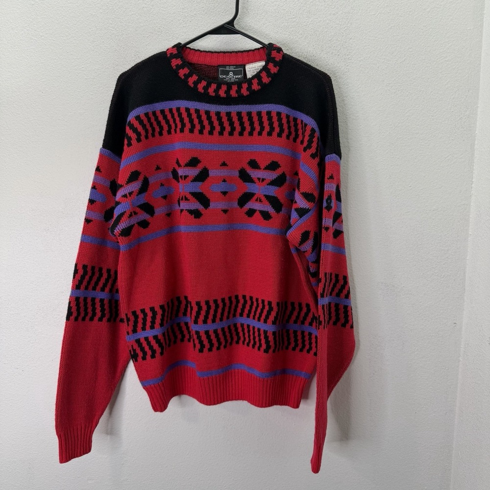 Vintage Demetre 80s Ski Sweater Chunky Knit Wool Blend Fairisle Geometric Red L